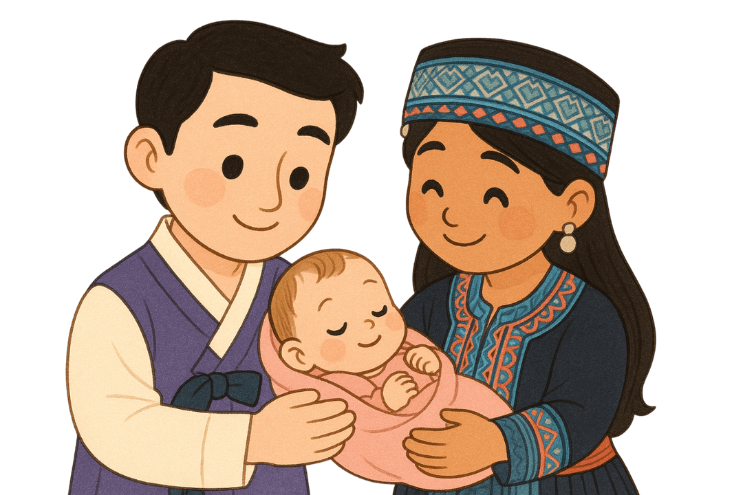 Korean father in hanbok, Lao Hmong mother in traditional dress, holding baby Sia